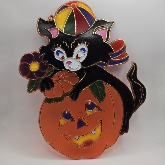 Vintage Halloween Window Hanging Black Cat Pumpkin Jack Approx 9"x7" W - Picture 3 of 4